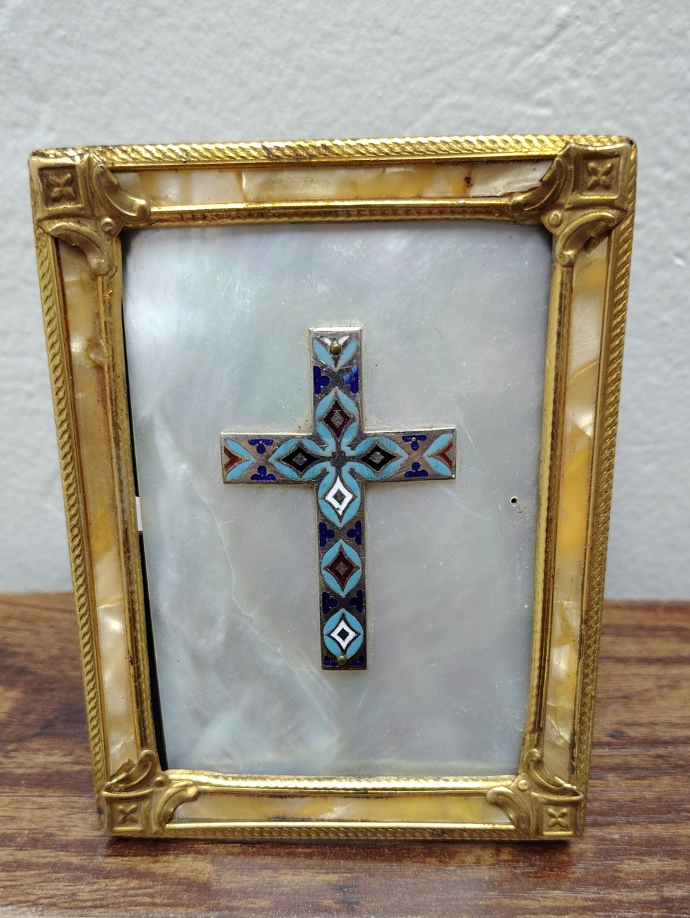 Vintage Small Gold-Tone Mother-of-Pearl Frame with Enamel Cross Accent Antique